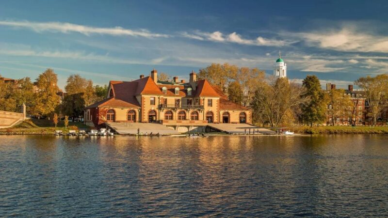 The Weld Boathouse, located on the Cambridge side of the Charles River, is home to the women's rowing team at Harvard.